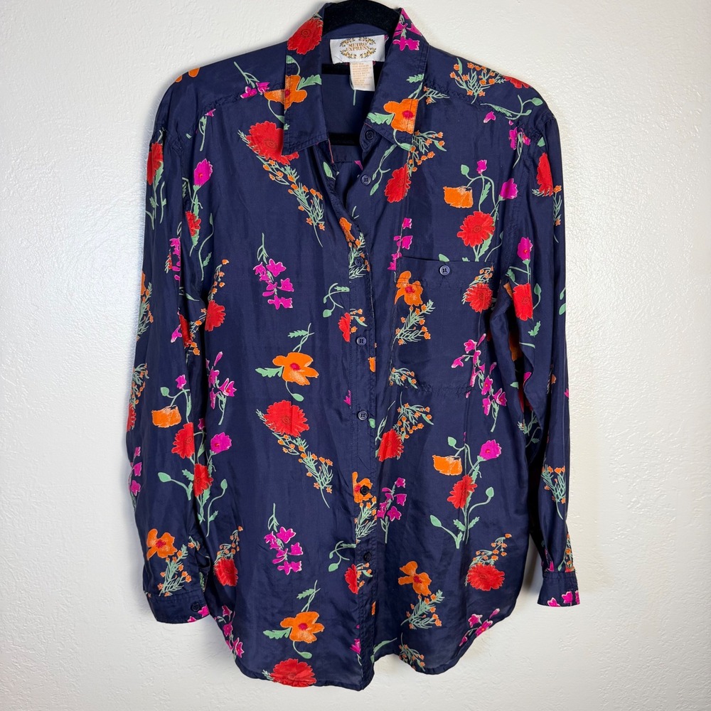 Vtg Metro Express Womens S Navy 100% Silk Floral Button Down Shirt Cottage Artsy